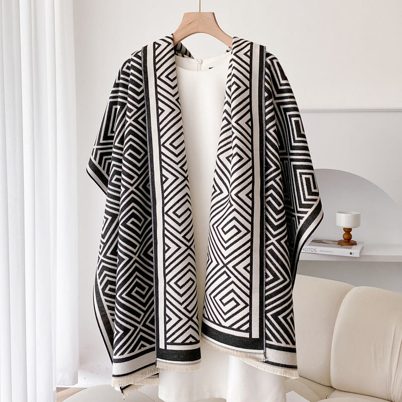 Women's Thickened Warm Office Cloak, Dual-use Wool Blanket, Plaid Cloak