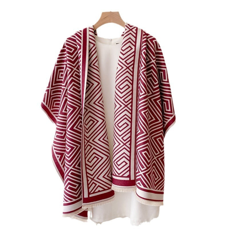 Women's Thickened Warm Office Cloak, Dual-use Wool Blanket, Plaid Cloak