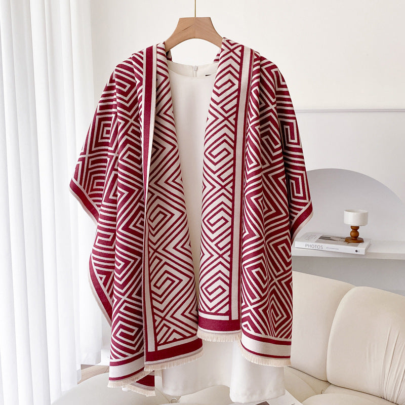 Women's Thickened Warm Office Cloak, Dual-use Wool Blanket, Plaid Cloak