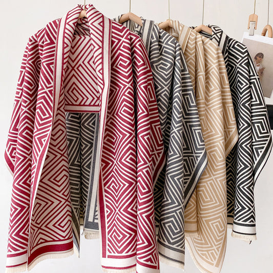 Women's Thickened Warm Office Cloak, Dual-use Wool Blanket, Plaid Cloak