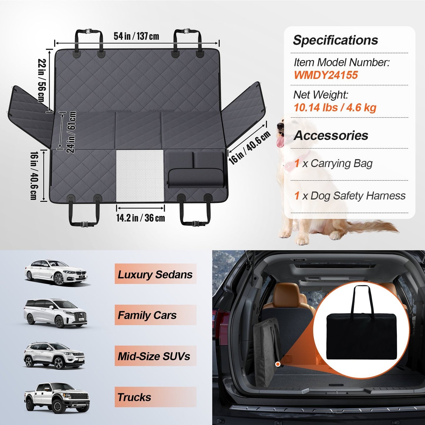 54 X 24 Dog Car Seat Cover for Back Seat, Waterproof Back Seat Extender for Dogs with Hard Bottom, Easy to Use and Clean